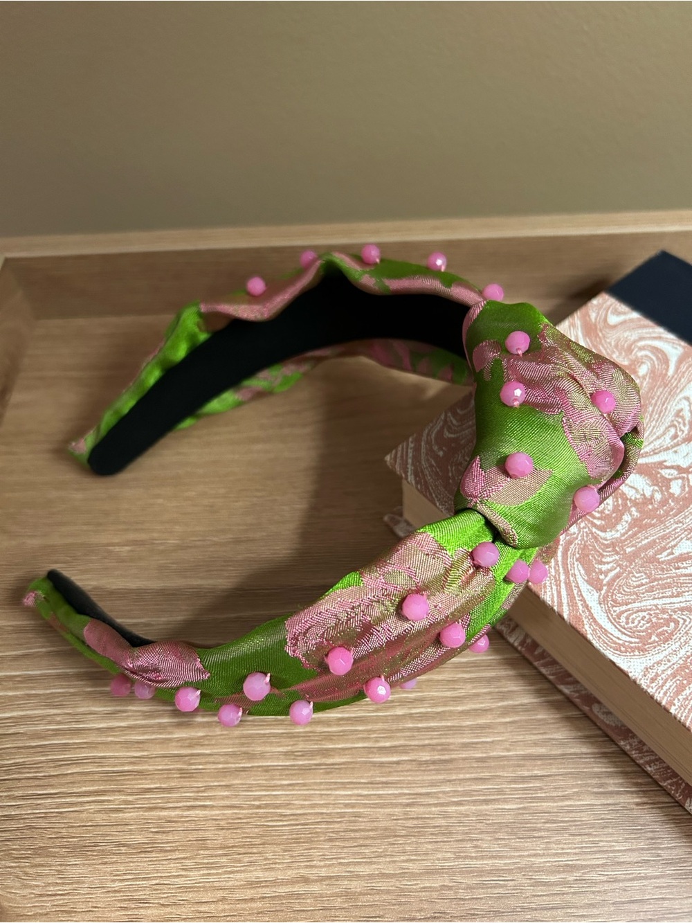 Brianna Cannon Pink and Green Floral Satin Twist Knot Beaded Headband